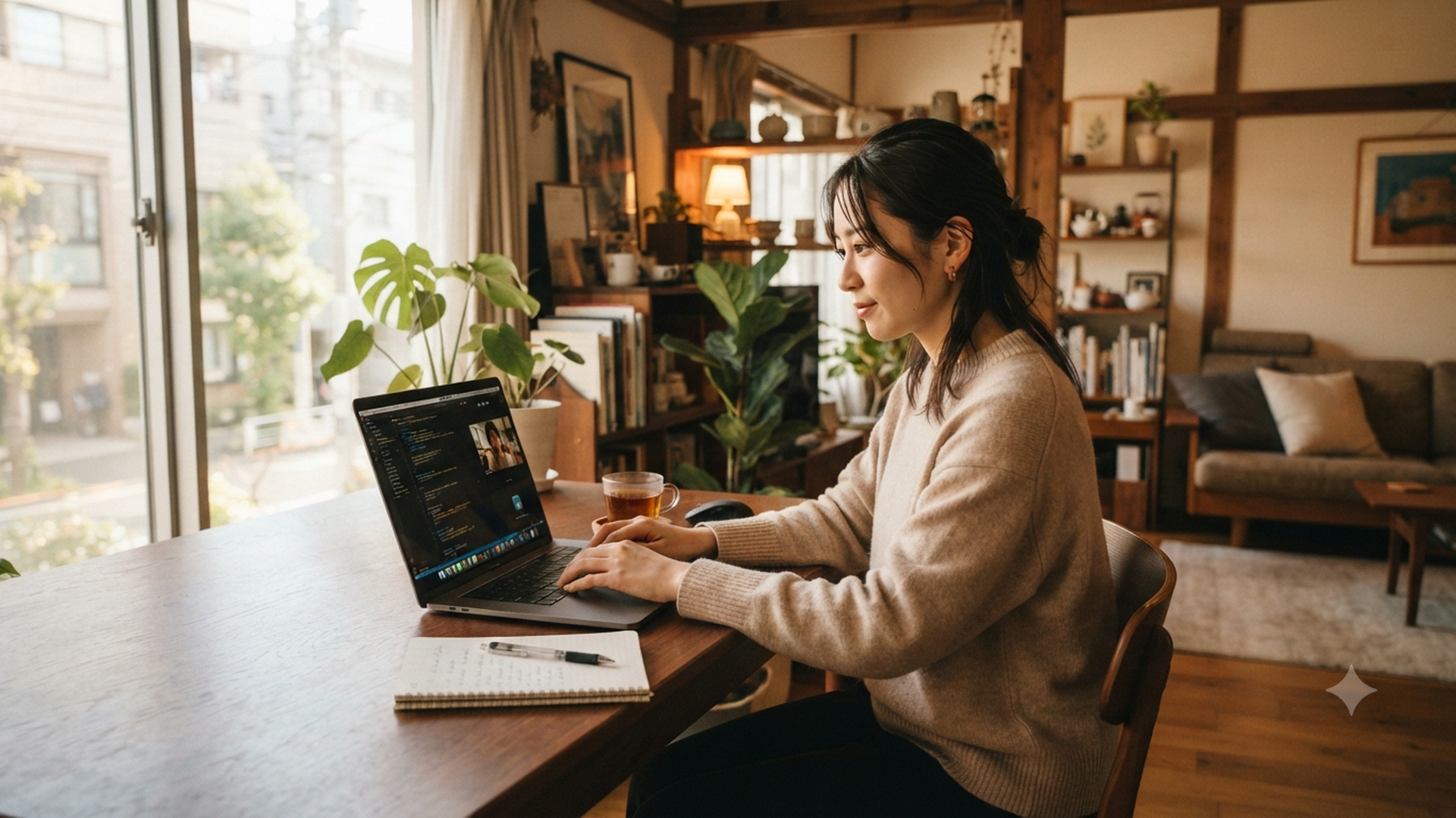 自宅のリビングでノートPCを開いて仕事をする人