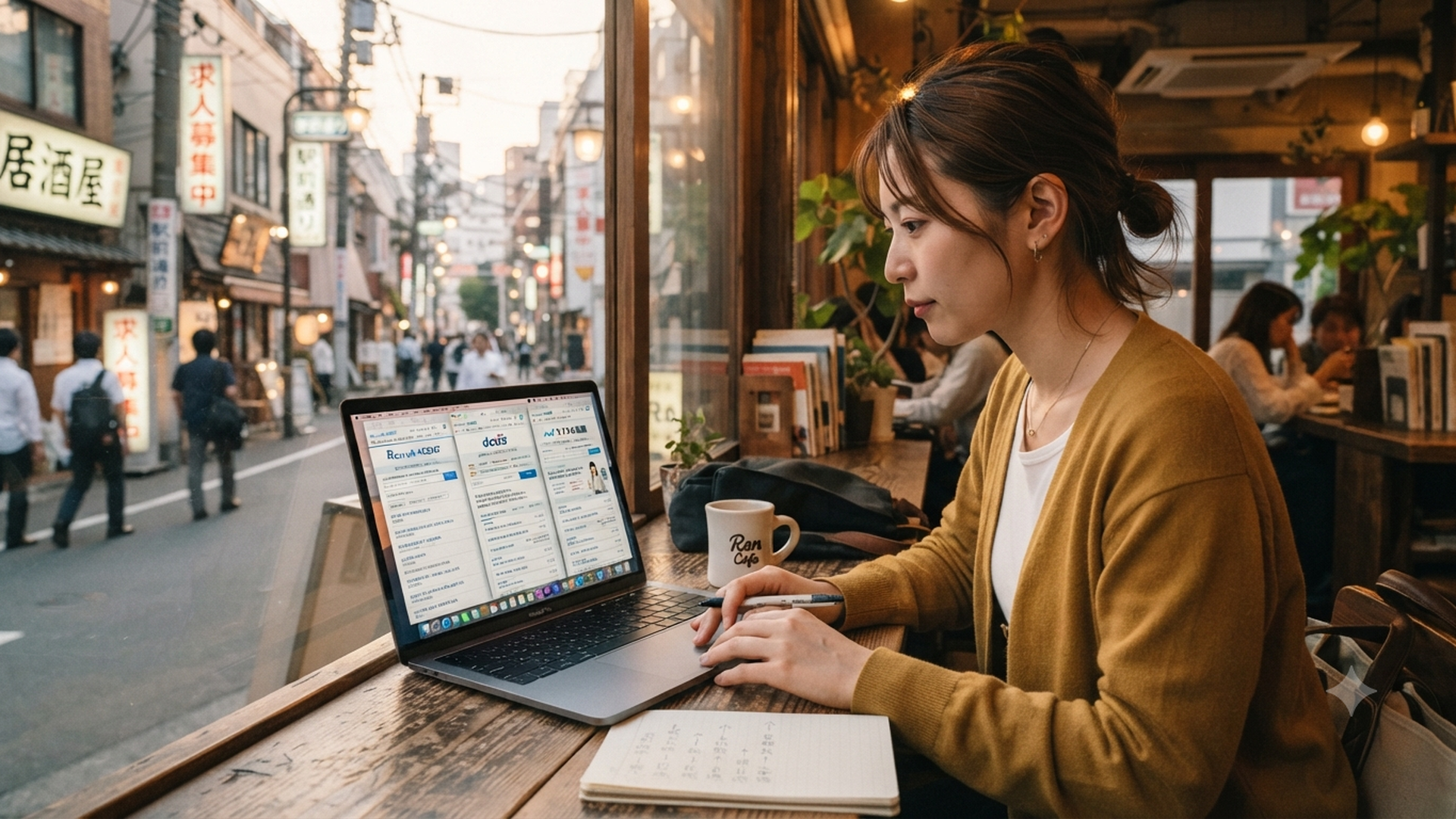 ノートPCの画面に複数の求人検索サイトを開いて比較している様子