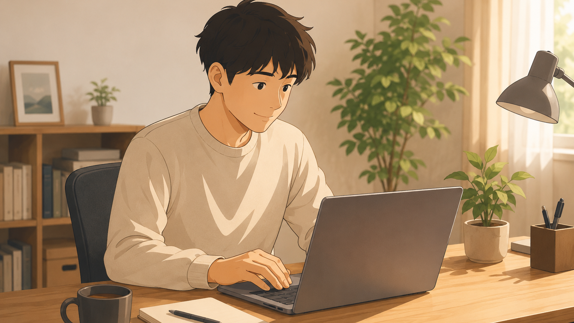 自宅の明るいデスクでノートPCに向かい仕事をする在宅勤務者