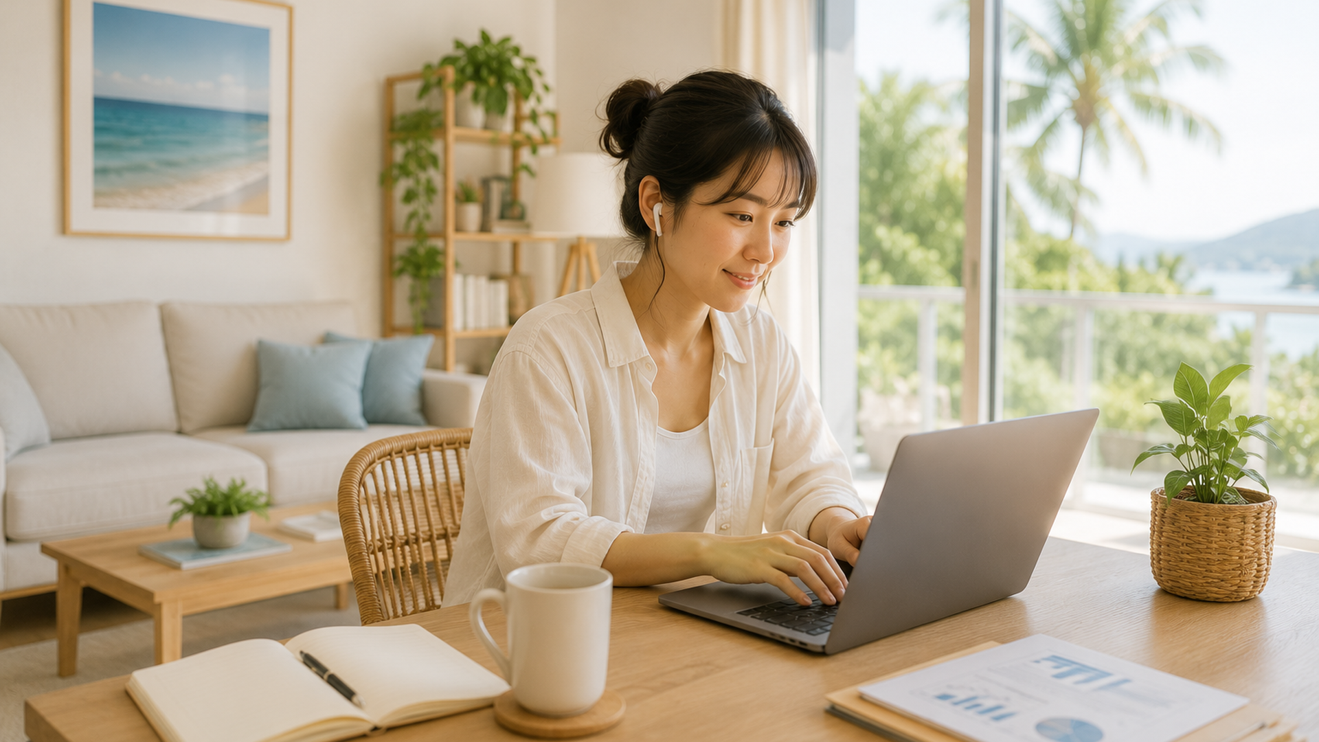 海外の明るいリビングでノートPCを開き日本の仕事をするリモートワーカー