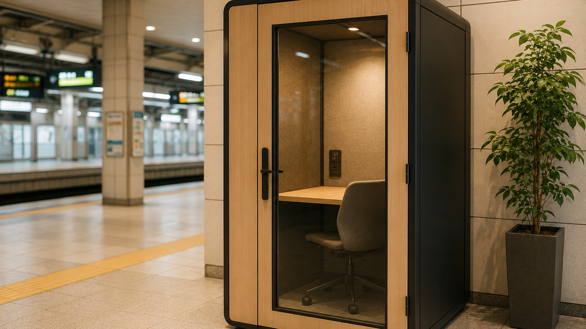 駅構内に設置された小型の完全個室ワークボックスの外観