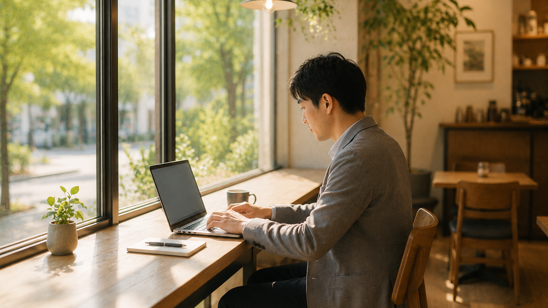 ノートPCを開いて作業する人がいる、明るく落ち着いたカフェの窓際席