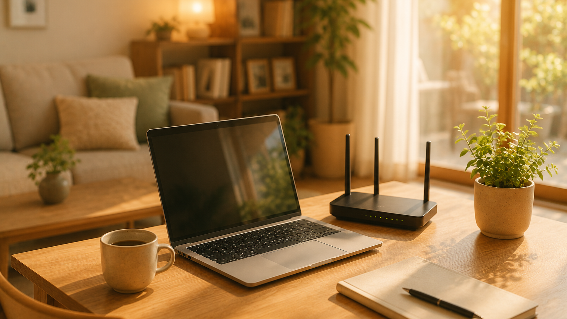 自宅のリビングでノートPCとWi-Fiルーターが並ぶ暖かい光の作業スペース