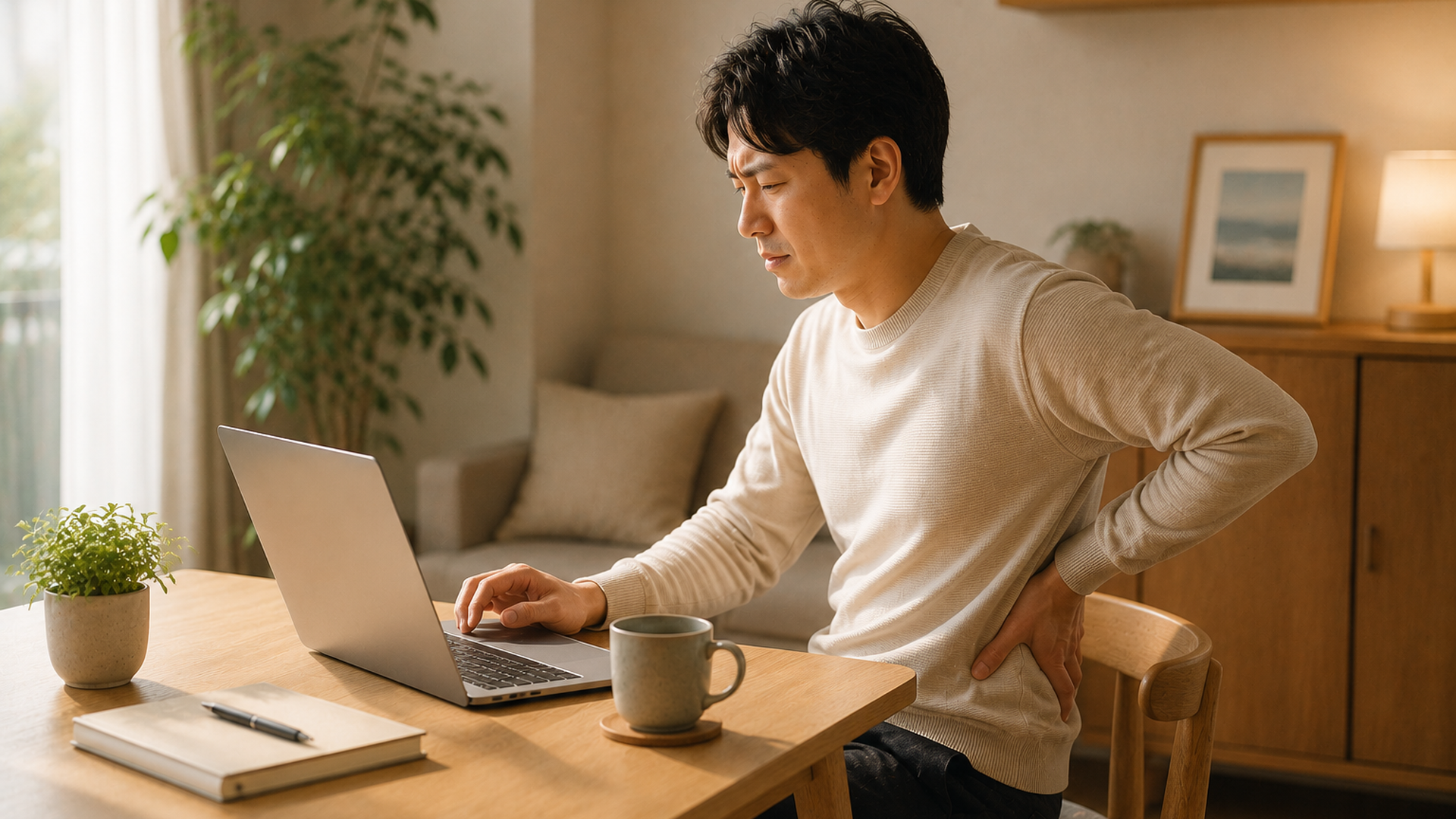 ダイニングチェアでノートPCに向かい腰に手を当てる在宅勤務中の人物