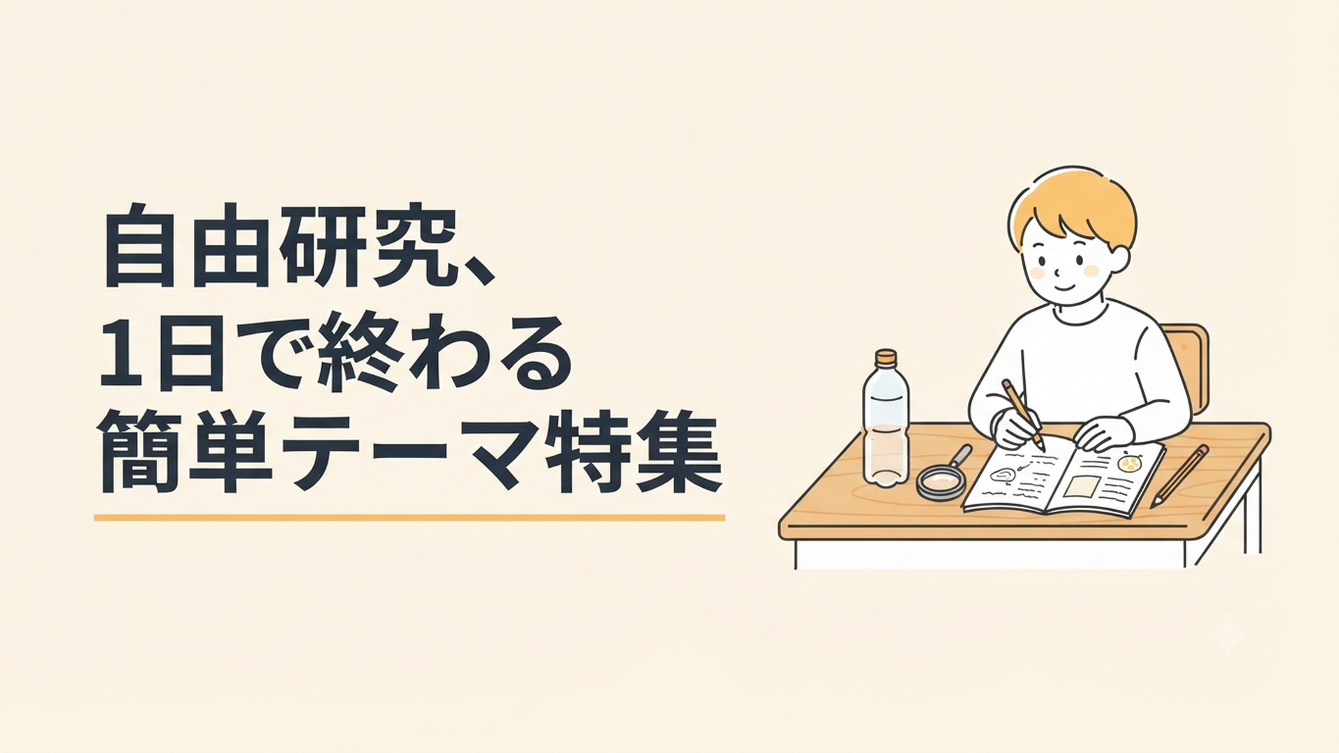 机の上にペットボトルや虫メガネ、ノートを広げて自由研究に取り組む小学生の様子
