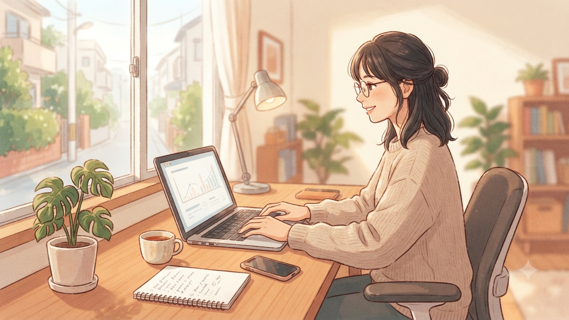 自宅の明るいデスクでリラックスしながら仕事をする女性