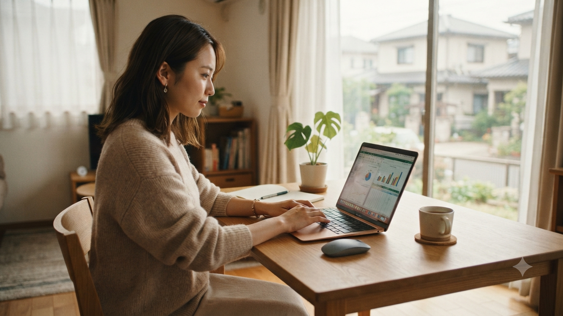 自宅のリビングでノートPCに向かい在宅ワークをする20代の人物、柔らかな自然光