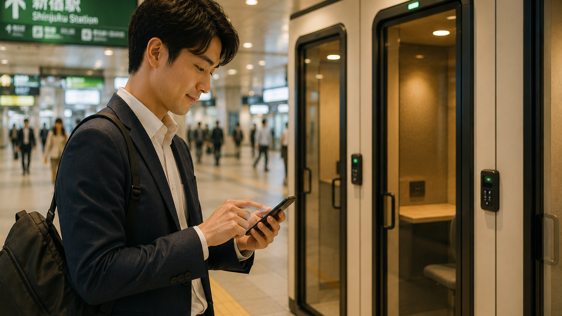 新宿駅構内でスマホを操作しながら個室ブースを予約するビジネスパーソン