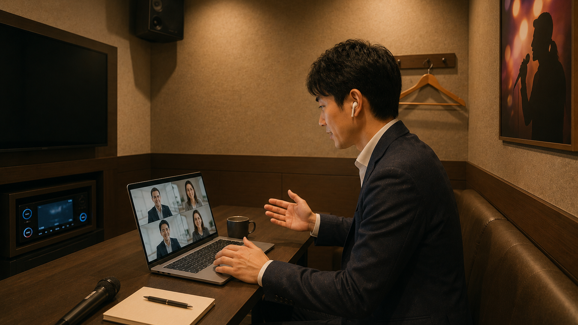 カラオケボックスの防音個室で一人ノートPCを開きWeb会議をしているビジネスパーソン