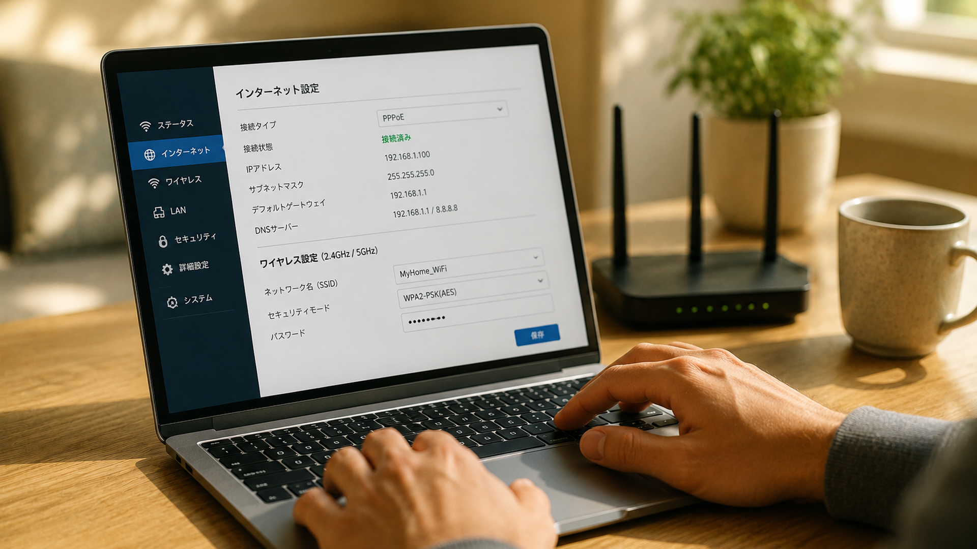 ルーターの設定画面が表示されたノートPCの画面を操作する手元