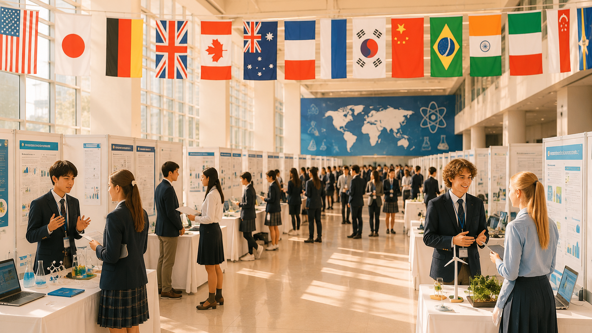 世界各国の旗が並ぶ国際科学フェアの会場