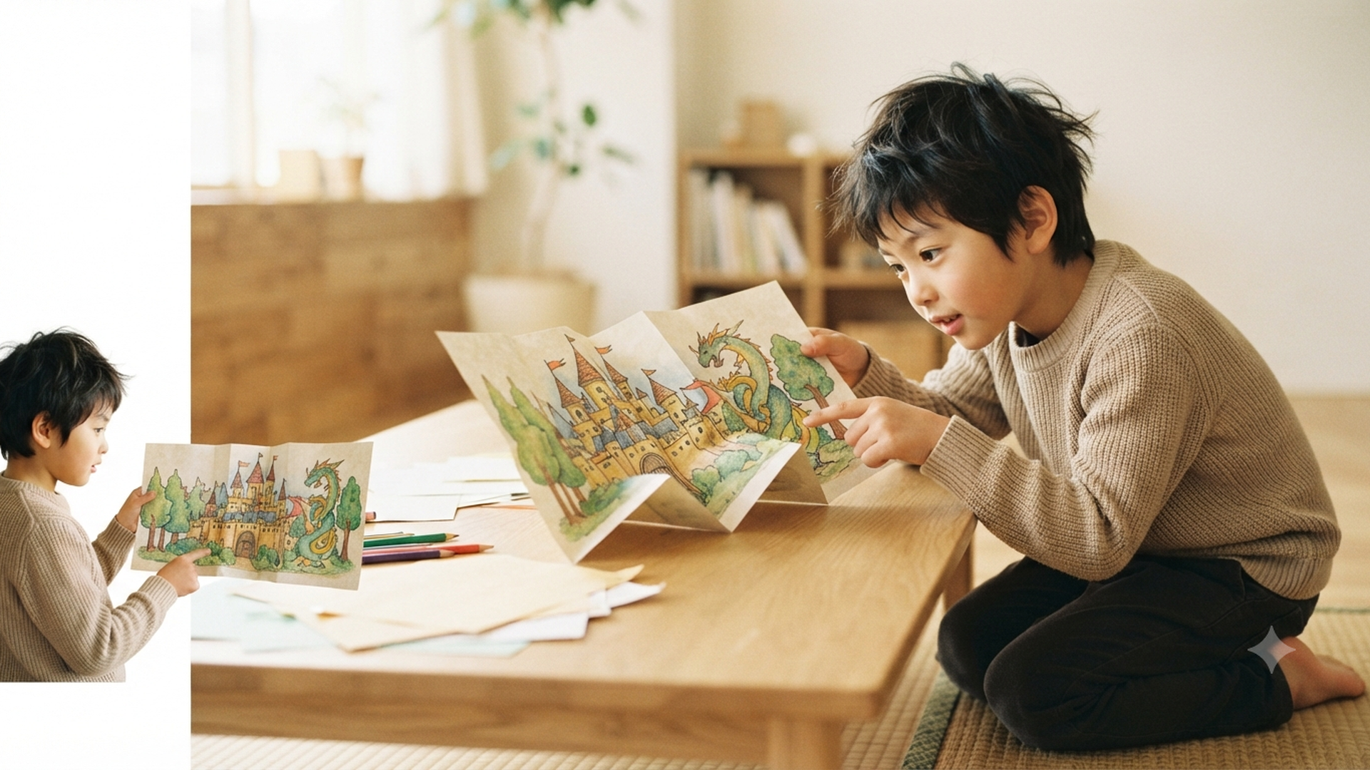 じゃばら折りトリックアートを角度を変えて見比べる子ども