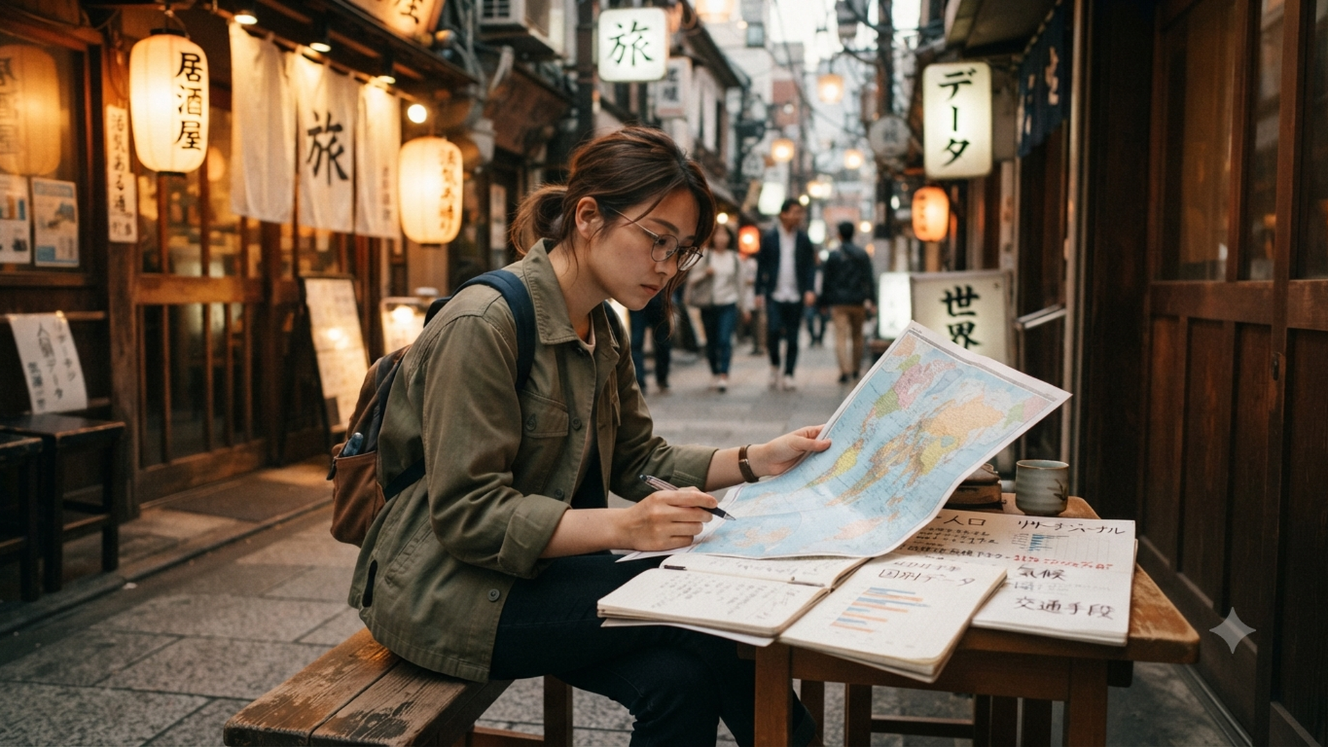 世界地図と各国のデータを見比べながら考え込む様子