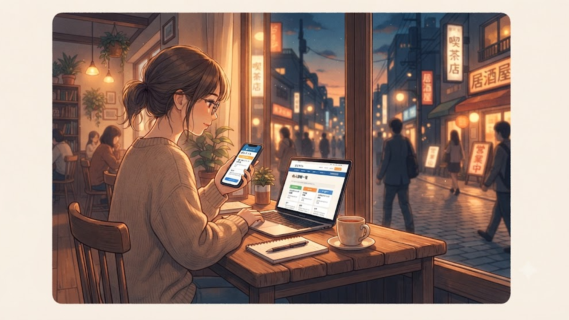 カフェの窓際でスマートフォンとノートPCを使い求人サイトを見比べる人物、夕方の柔らかな街の光