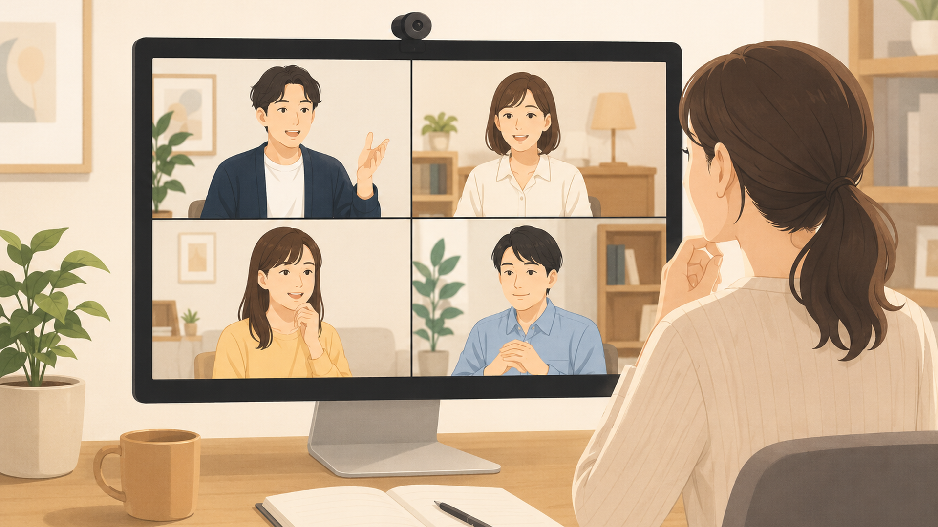 ビデオ会議で複数の在宅勤務者が画面越しに打ち合わせをする様子