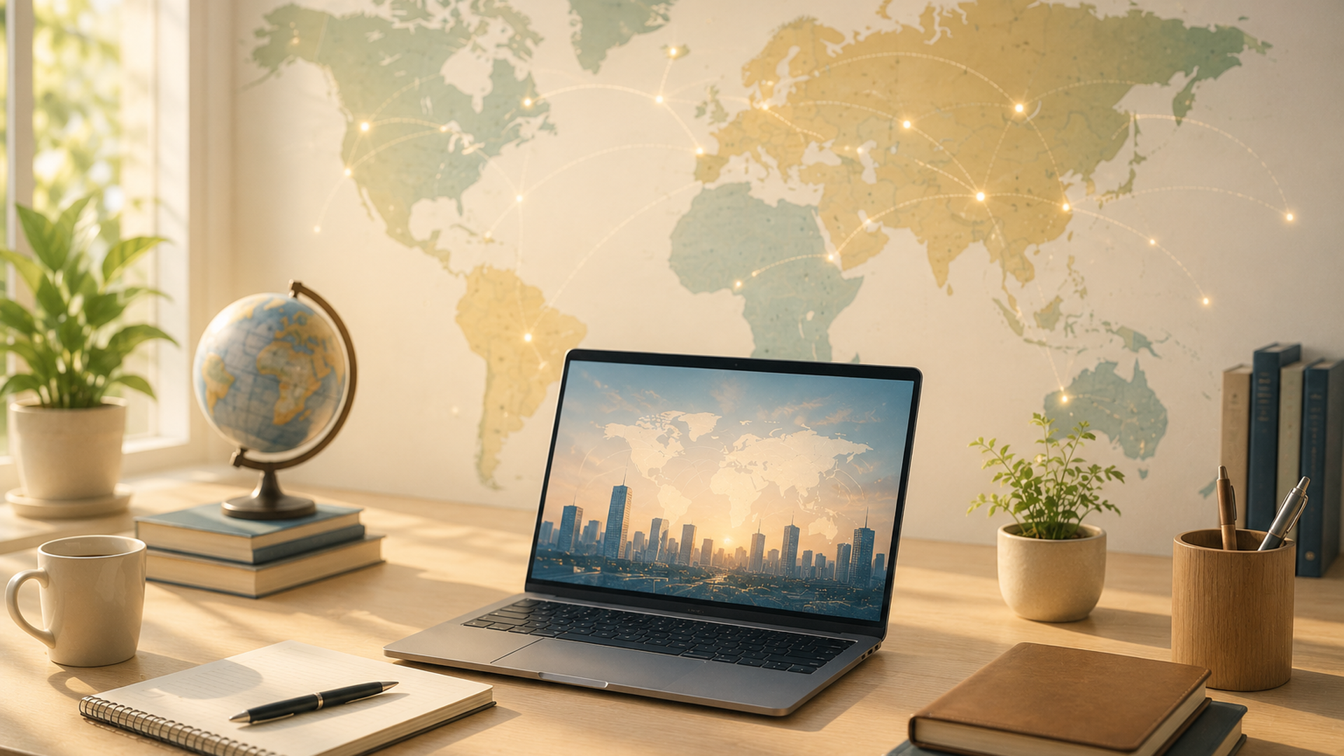 世界地図とノートPCが置かれたデスクで海外とのつながりを感じさせる場面
