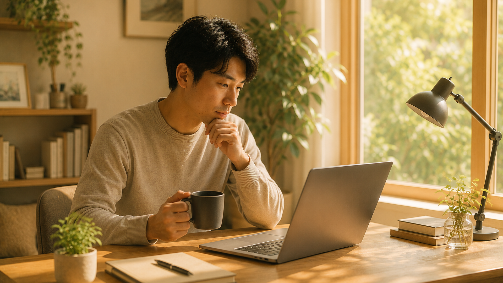 窓辺の柔らかな光の中、コーヒーを片手にノートPCで考え込む在宅ワーカー
