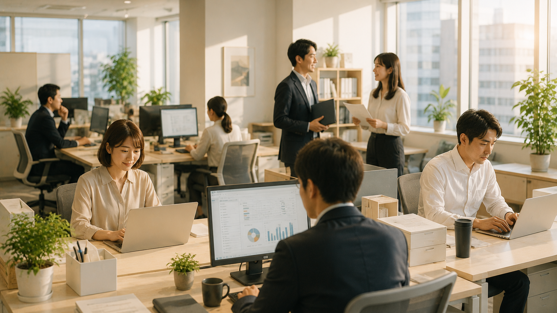 日本のオフィスで働く社員たちの様子