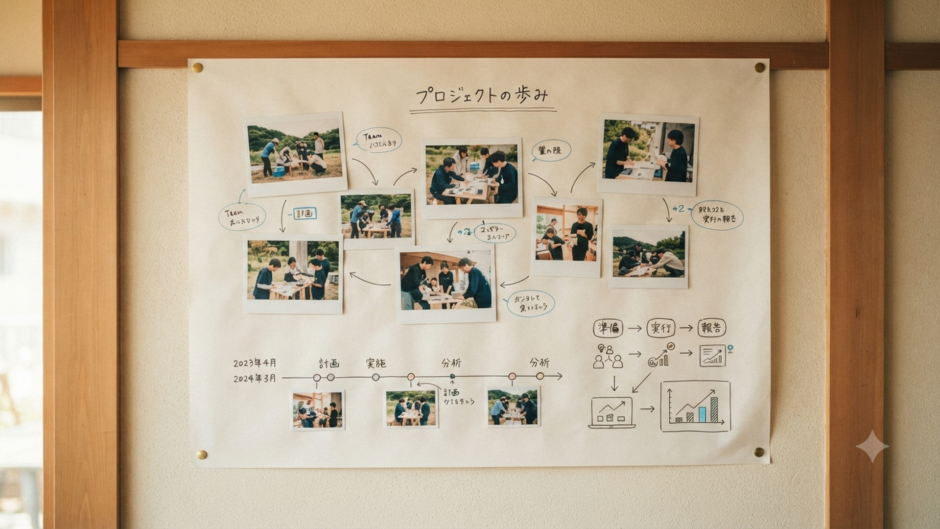 模造紙に貼られた写真と図表がバランスよく配置された様子