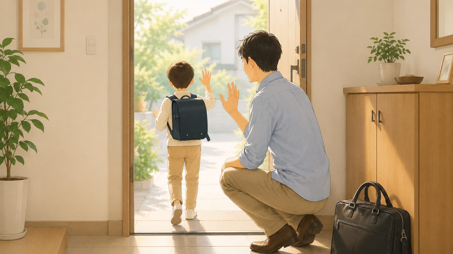 自宅の玄関で子どもを送り出す親、傍らに仕事鞄が置かれている様子