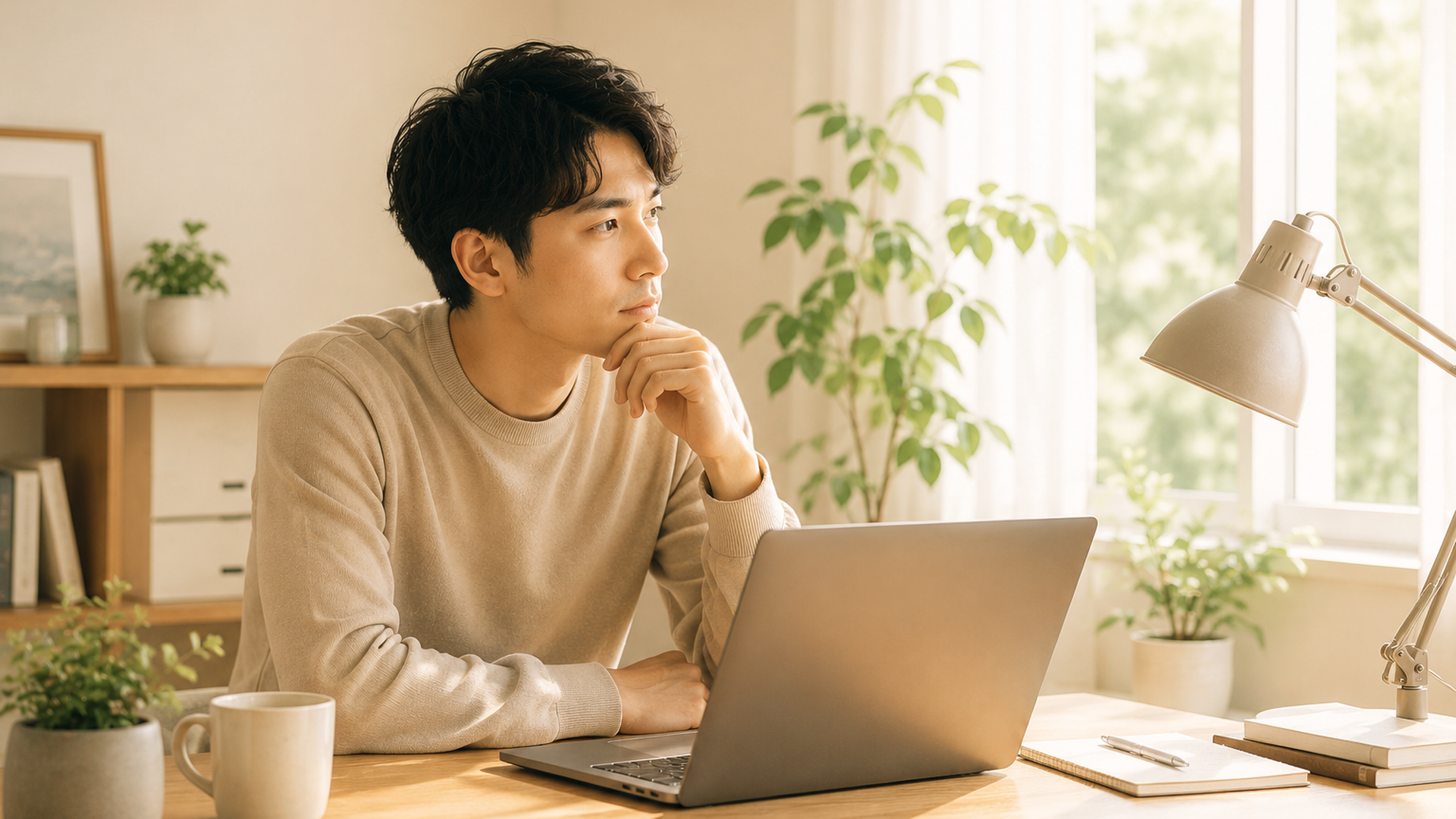 一人でパソコンに向かい物思いにふける表情の在宅勤務者
