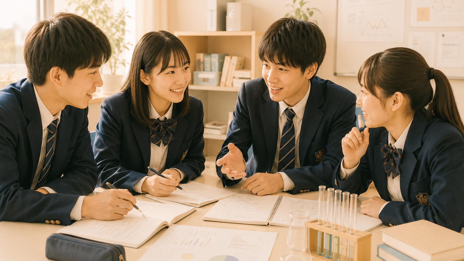 実験ノートや資料を囲んで話し合う高校生たちのグループ