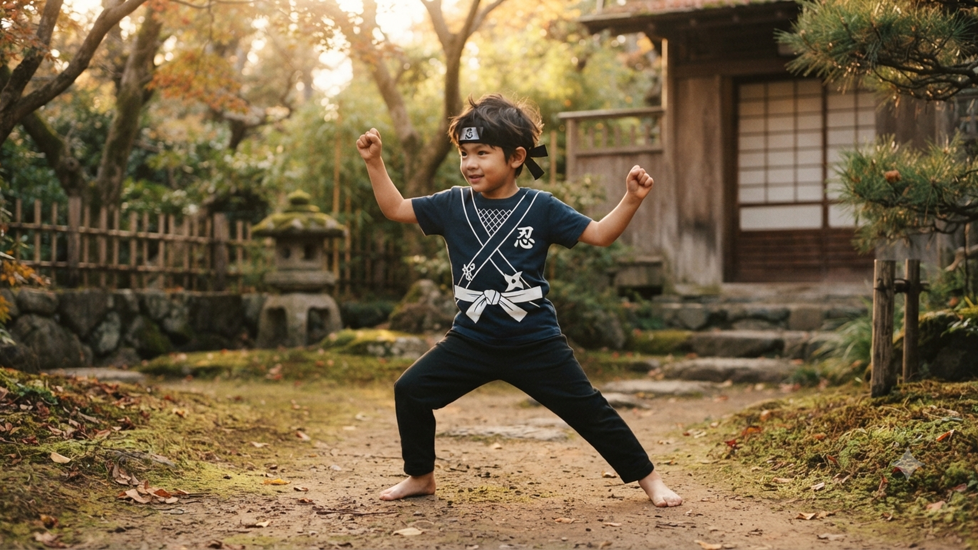 忍者服に見立てたTシャツを着た子どもが修業する様子