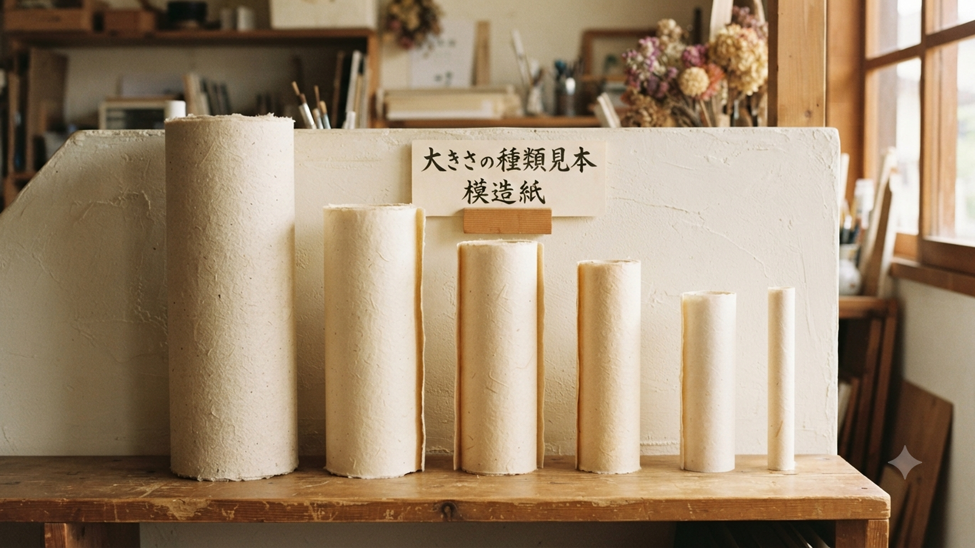 大きさの異なる模造紙のロールと種類見本が並ぶ様子