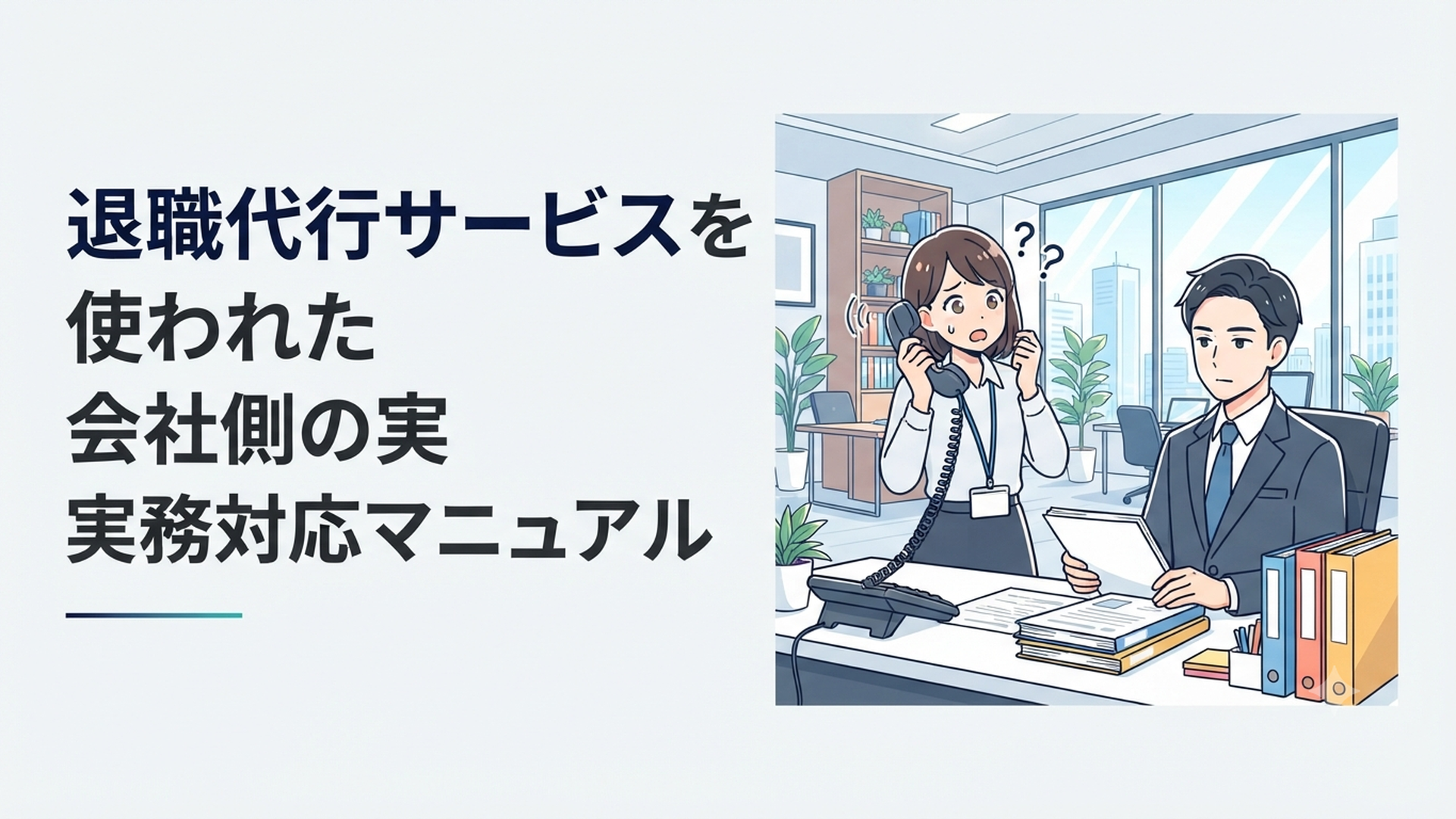 オフィスの電話が鳴り、困惑する人事担当者と冷静に書類を整理する上司のシーン