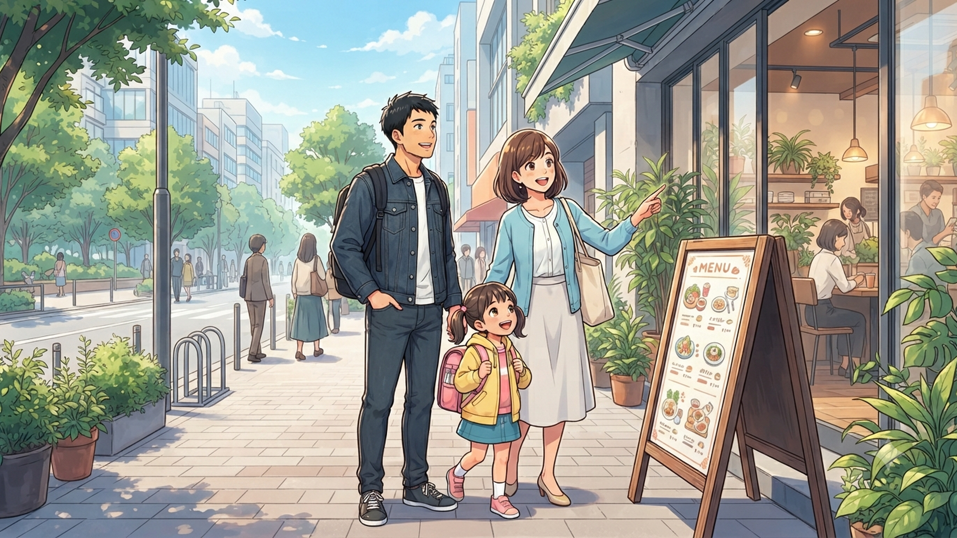 料金表の看板を見上げる親子連れ