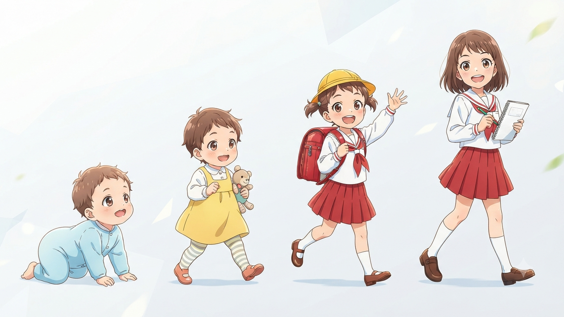 赤ちゃんから小学生までの成長段階を並べたイラスト