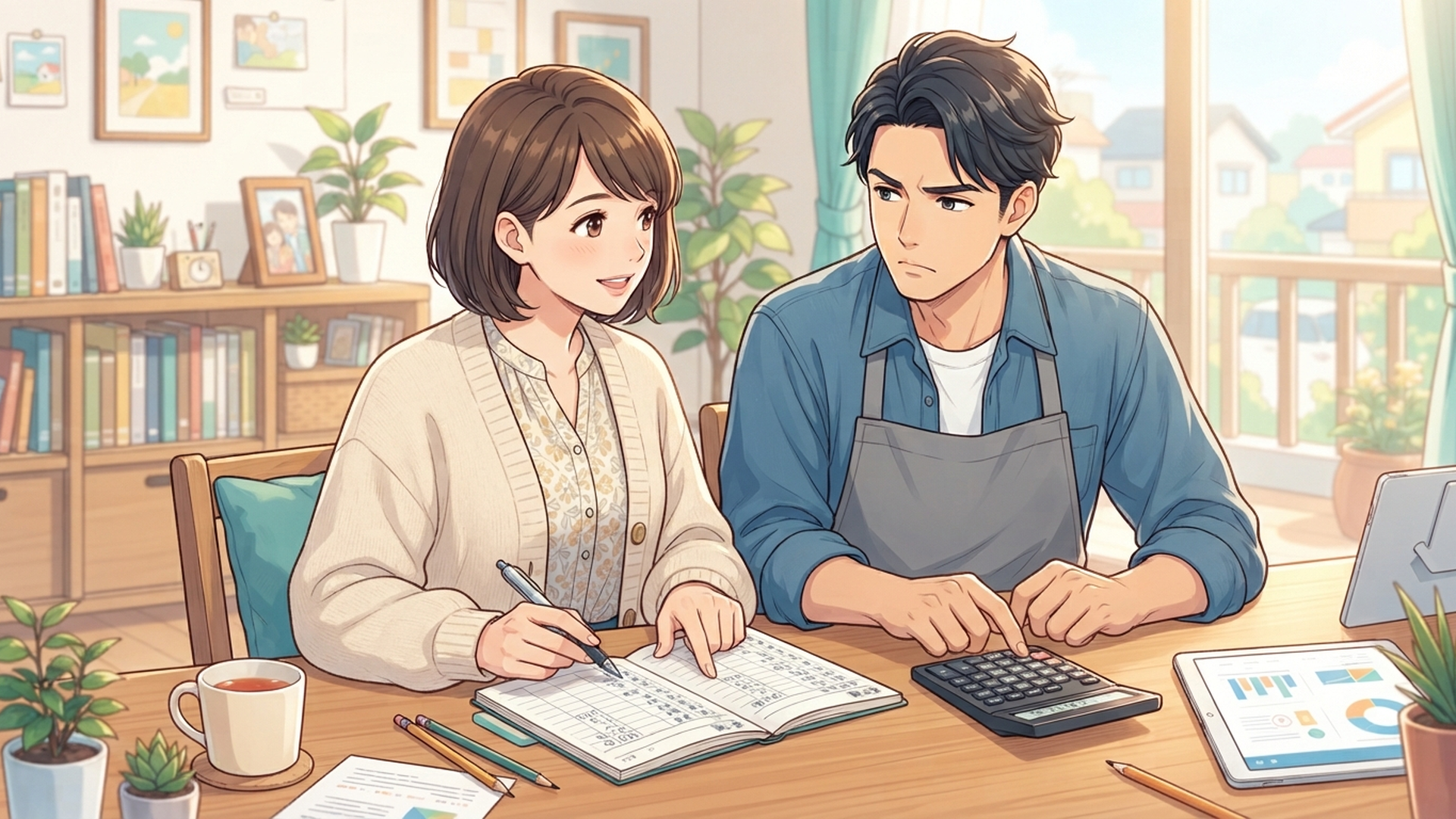 電卓と家計簿を前に真剣に相談する夫婦