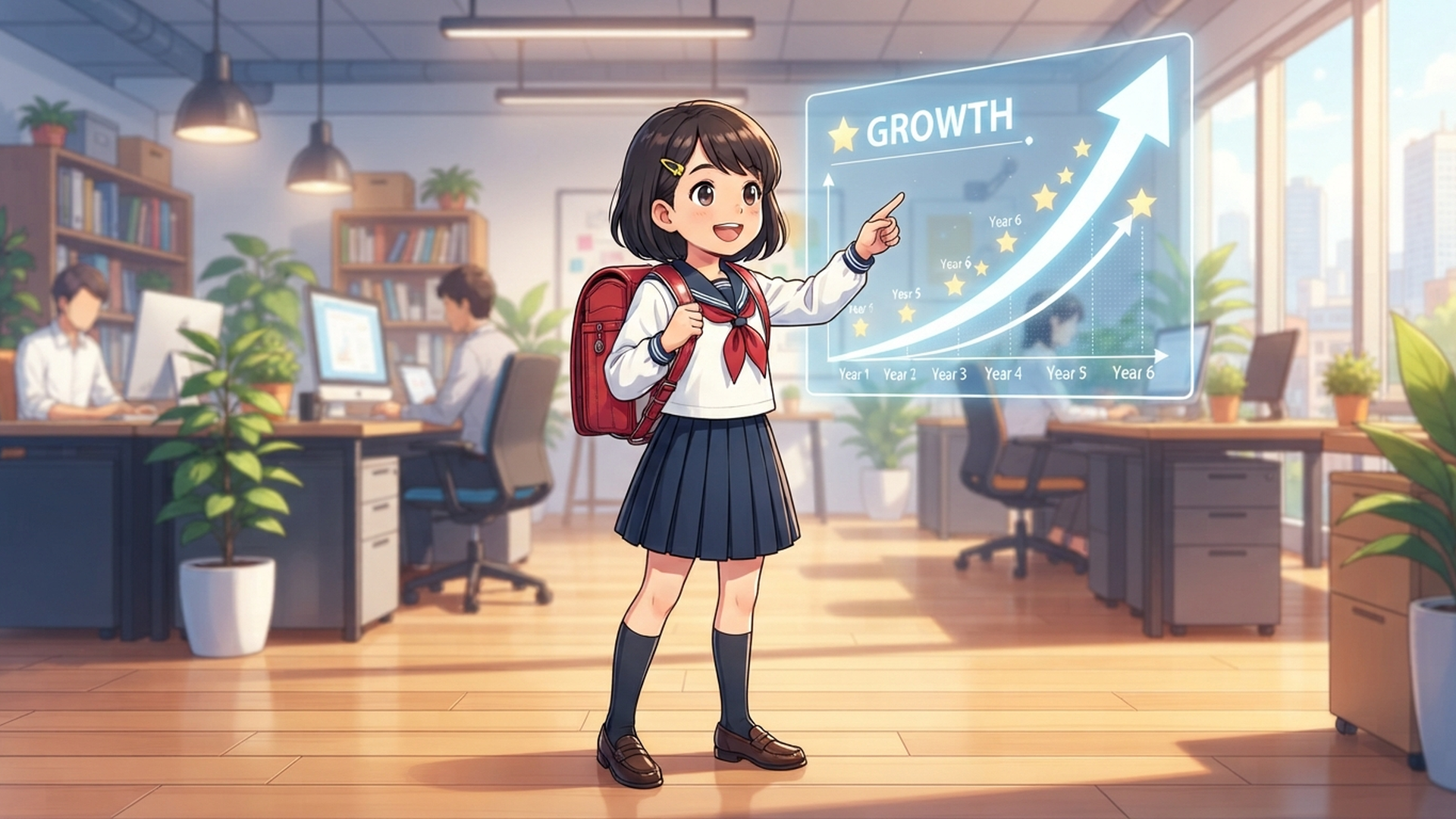 ランドセルを背負った小学生と成長を示す右肩上がりのグラフ