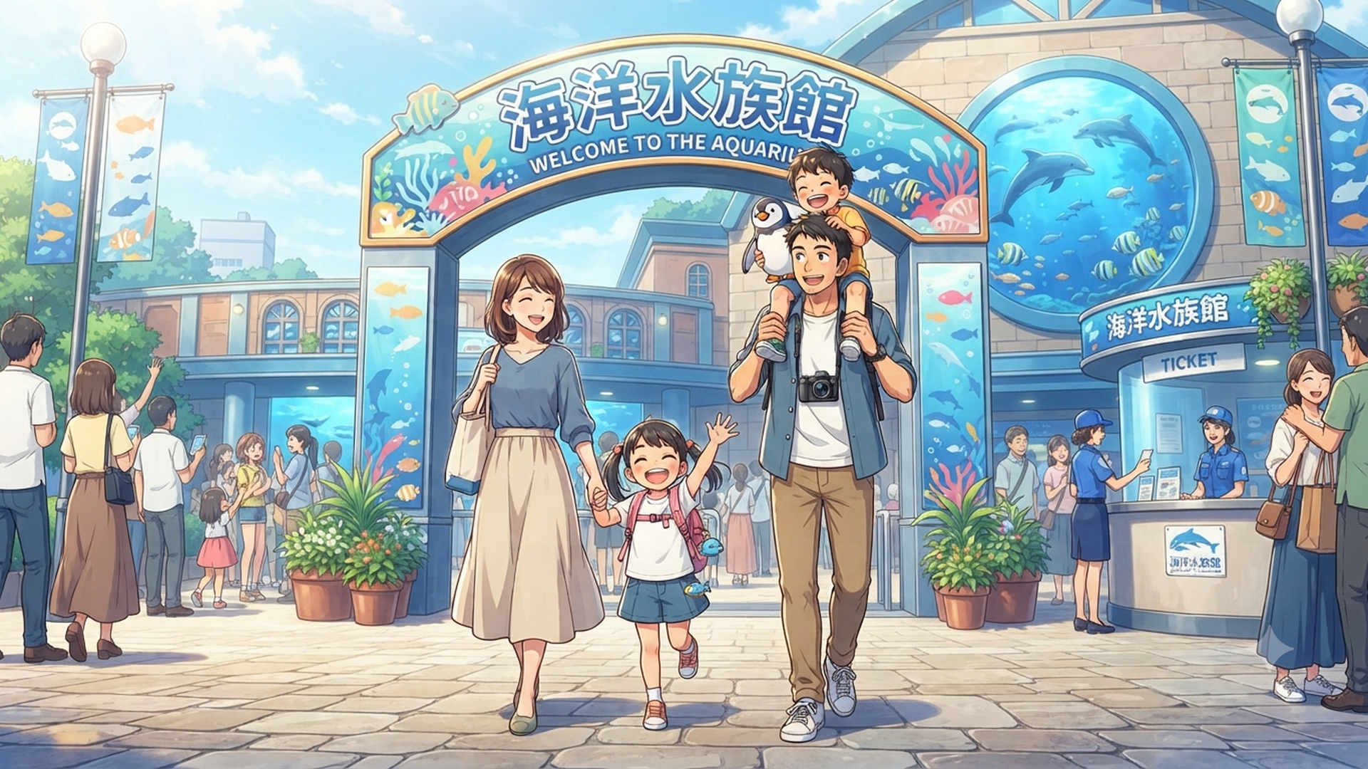 家族連れで賑わう水族館の入場ゲート